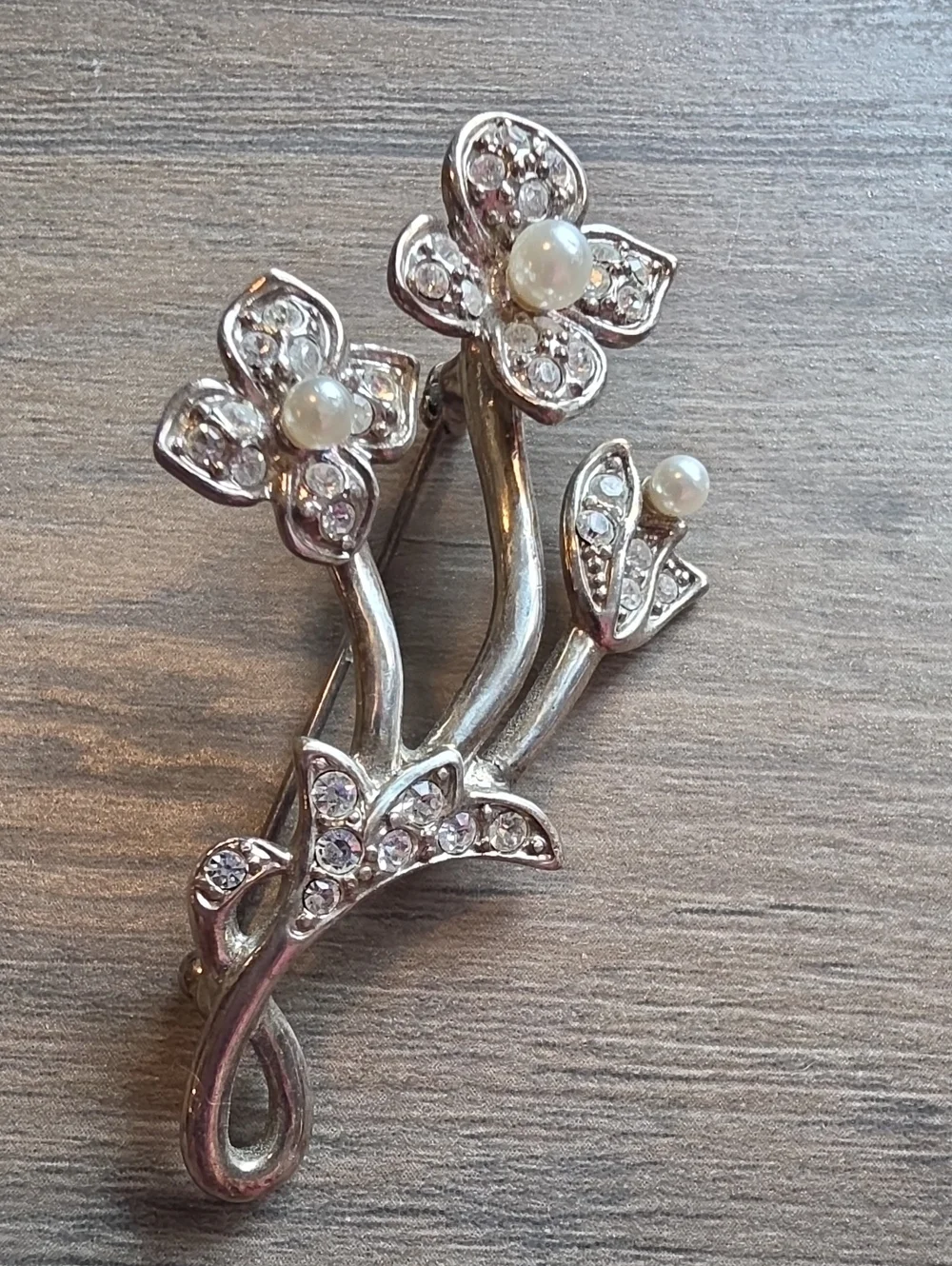 Monet Silver-Tone Floral Brooch with Faux Pearls and Crystals